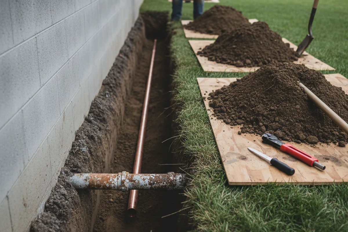 Excavated water line trench during Sewer Line Repair in Ridgewood